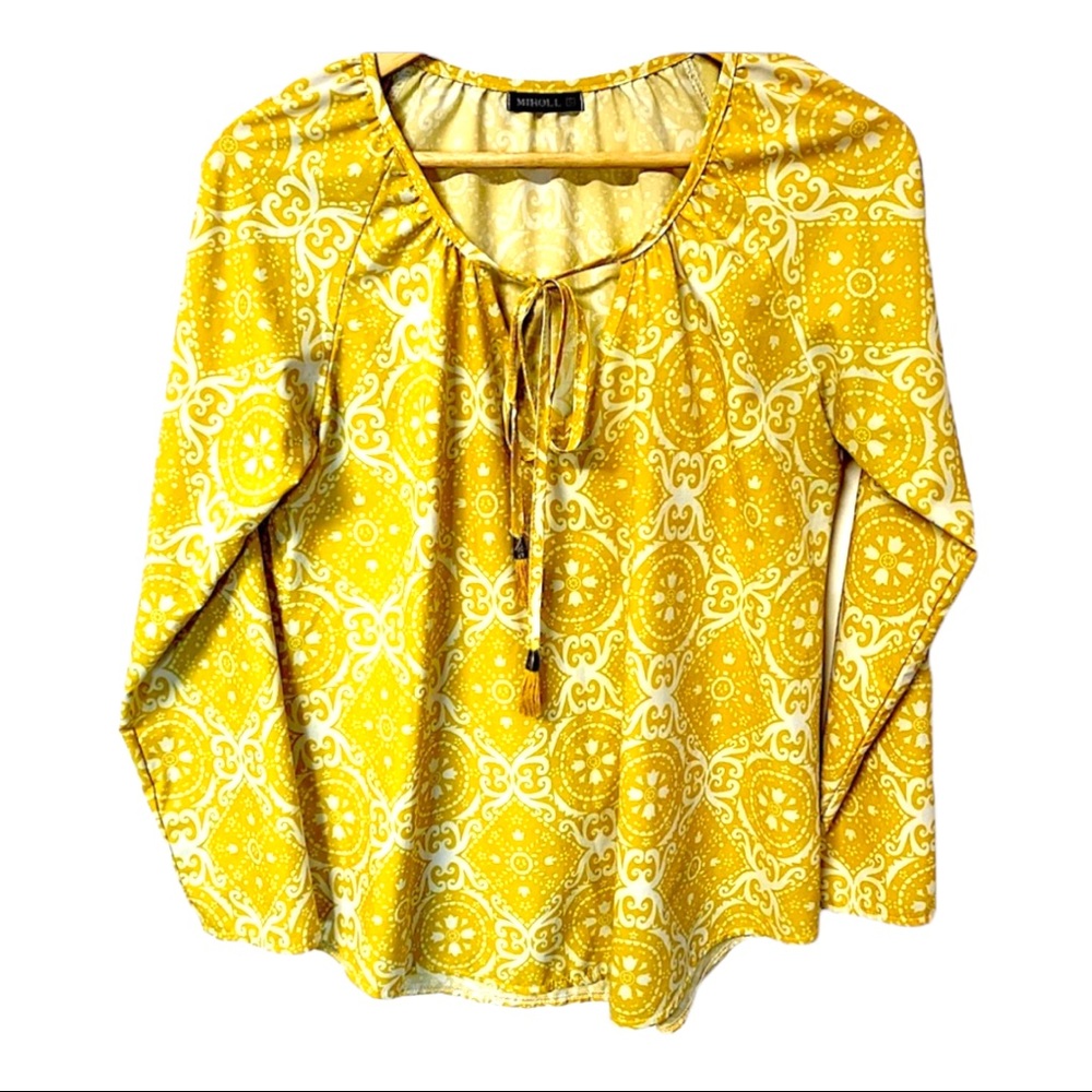 Miholl lemon lattice scroll print long sleeve peasant top w/ tie neckline  #F32